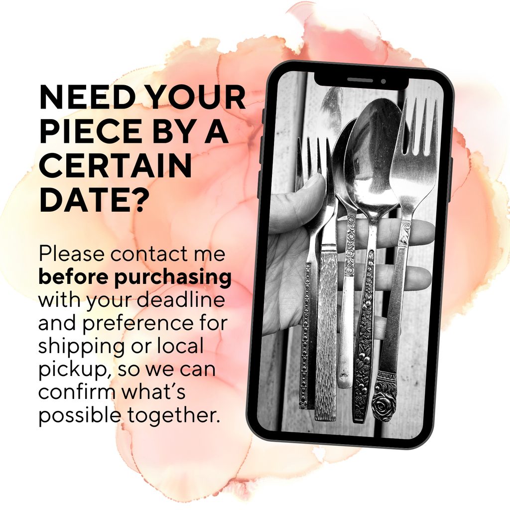Promotional graphic with text reading 'NEED YOUR PIECE BY A CERTAIN DATE?' and a phone showing a black-and-white photo of a hand holding cutlery. Smaller text says to contact the seller before purchasing with deadline and shipping/pickup preferences.